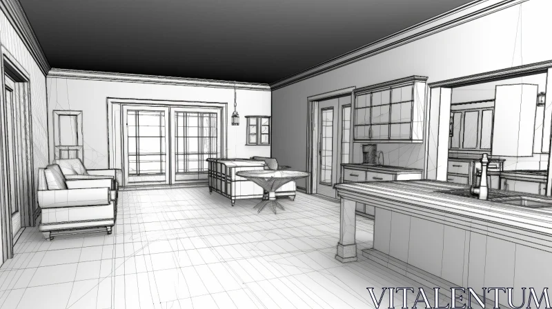 Modern Kitchen and Living Room Wireframe Design AI Image