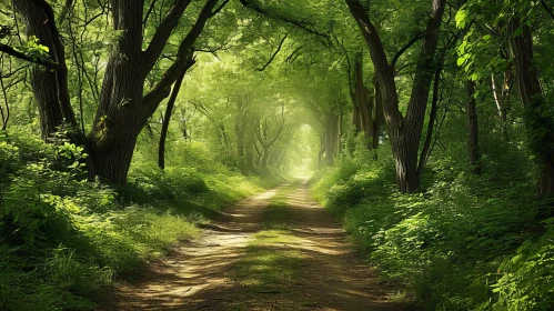 Serene Rural Road through a Lush Green Forest