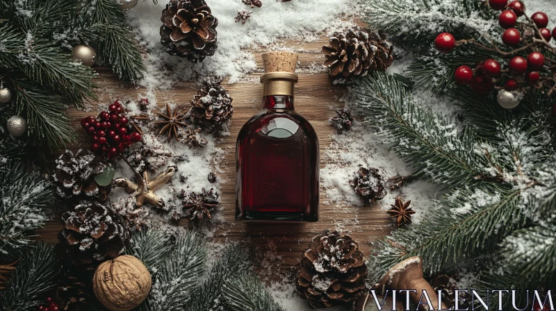 Holiday Bottle with Pinecones and Berries AI Image