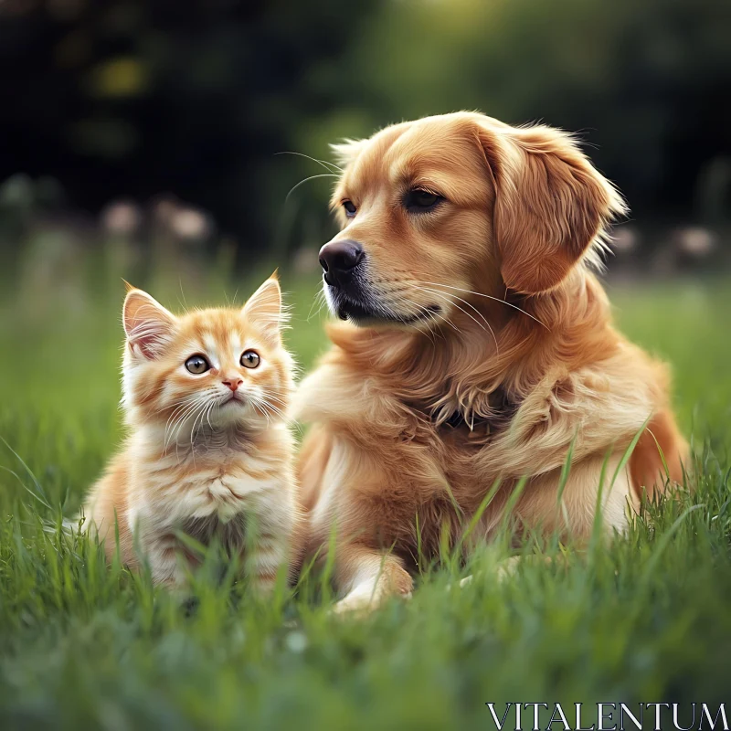 Dog and Cat in Green Field AI Image