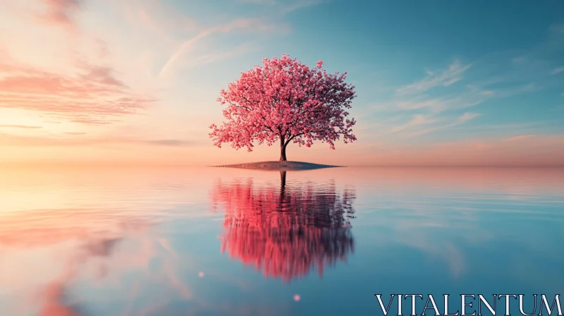 AI ART Lonely Blossom Tree Reflected on Calm Waters at Dusk