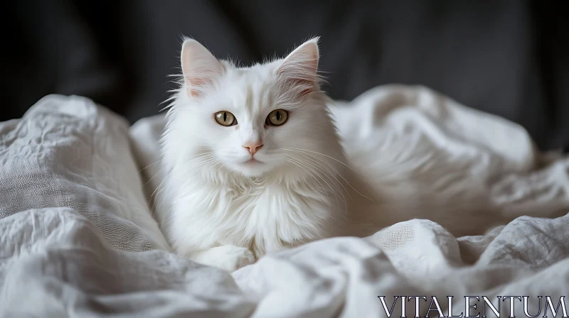 Peaceful White Feline on Soft Bedding AI Image