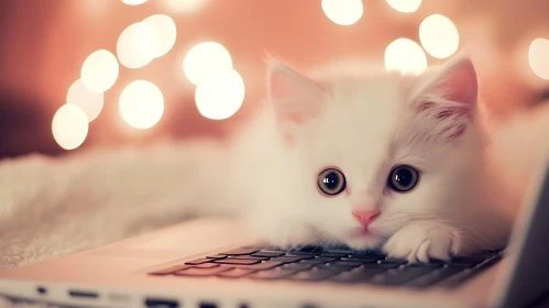 Cute White Cat Laying on Laptop Keyboard