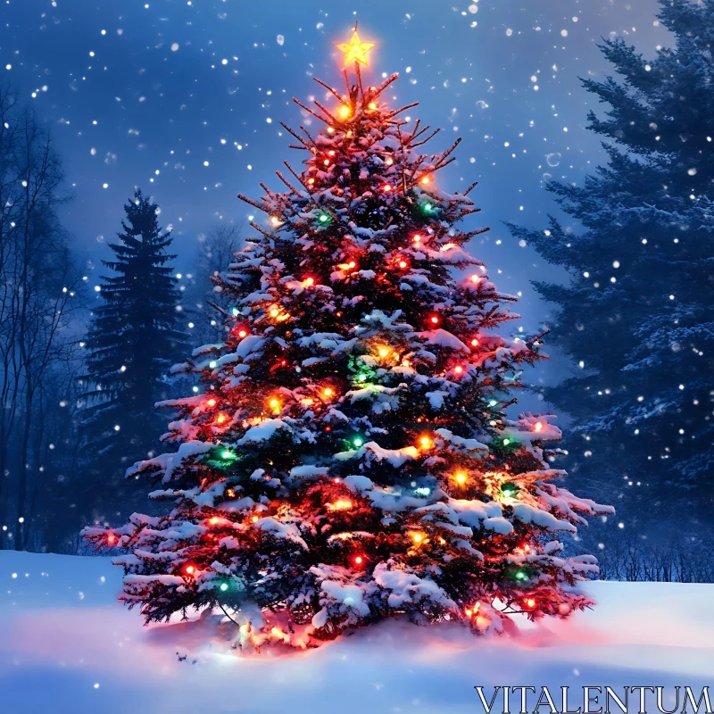 Festive Christmas Tree Covered in Snow and Lights AI Image