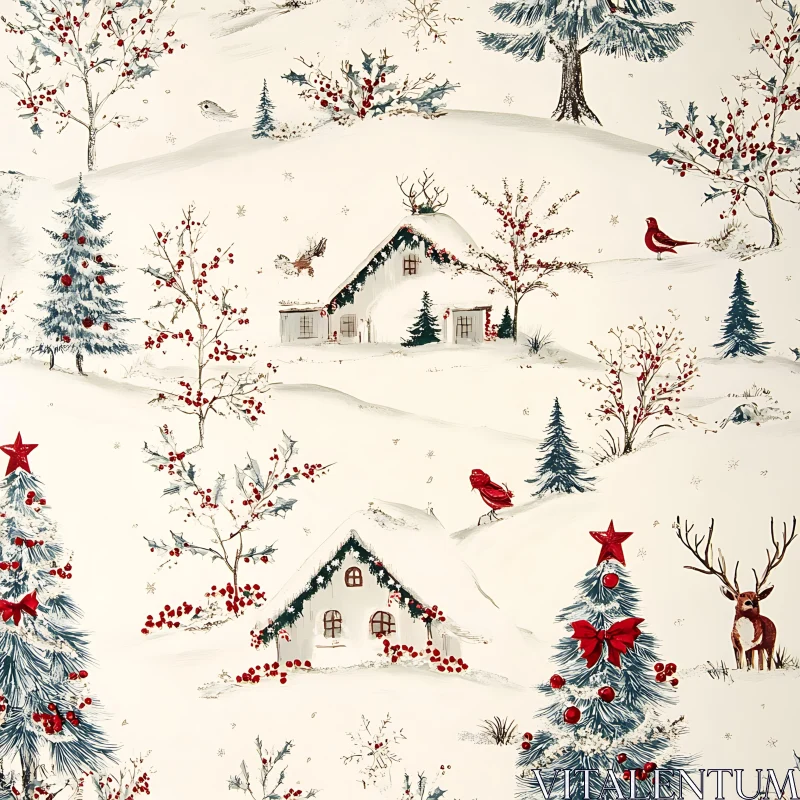 Peaceful Snowy Cabin Scene with Holiday Cheer AI Image