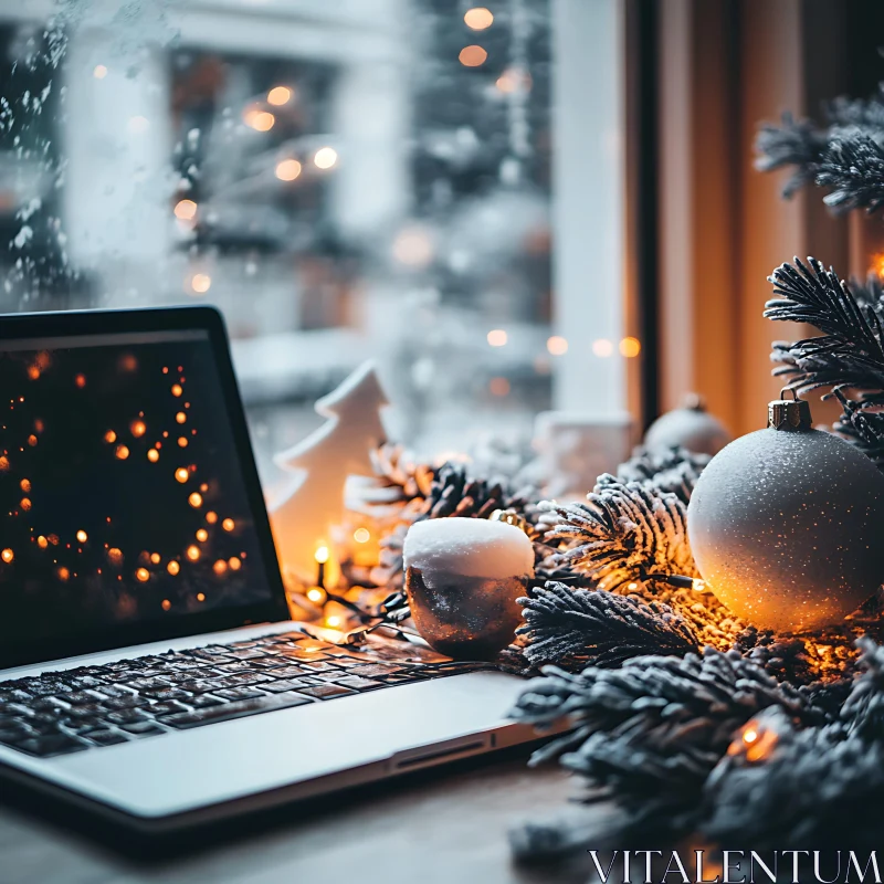 AI ART Christmas Decor: Laptop, Snowy Branches, Warm Lights & Ornaments