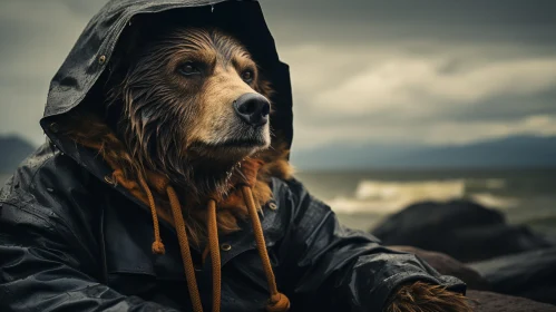 Bear in Raincoat by Ocean - Cinematic Animal Portraiture