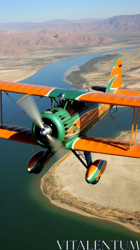 Biplane Flying Over River and Desert Landscape AI Image