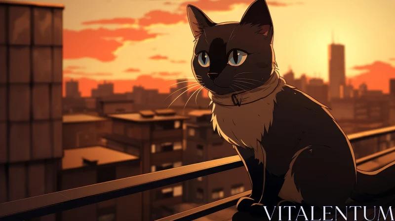 Black Cat in City Skyline Digital Painting AI Image