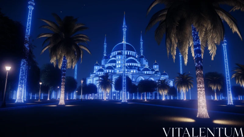 AI ART Blue Mosque Illuminated with Blue Lights and Palm Trees | Classical Landscapes
