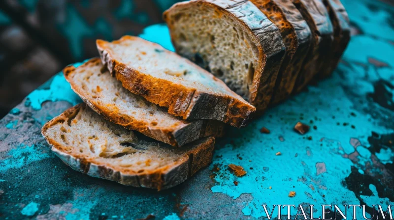 Close-up of Sliced Loaf of Bread on Blue Table AI Image