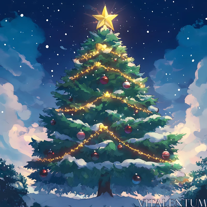 Holiday Christmas Tree with Decorations and Snowy Surroundings AI Image