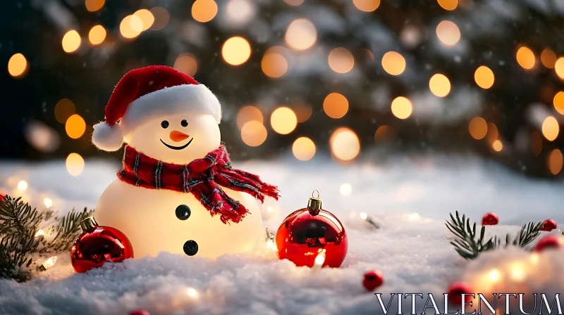 AI ART Smiling Snowman Surrounded by Holiday Ornaments