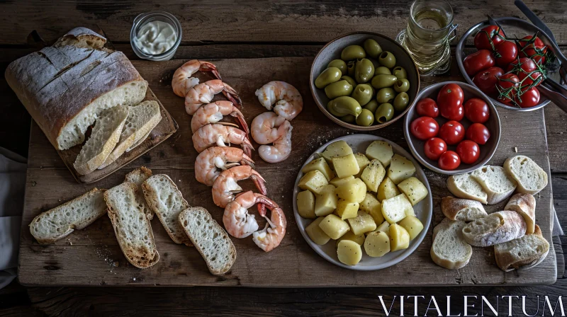 AI ART Delicious Food Still Life - Rustic Bread, Olives, Tomatoes, Potatoes, Shrimp