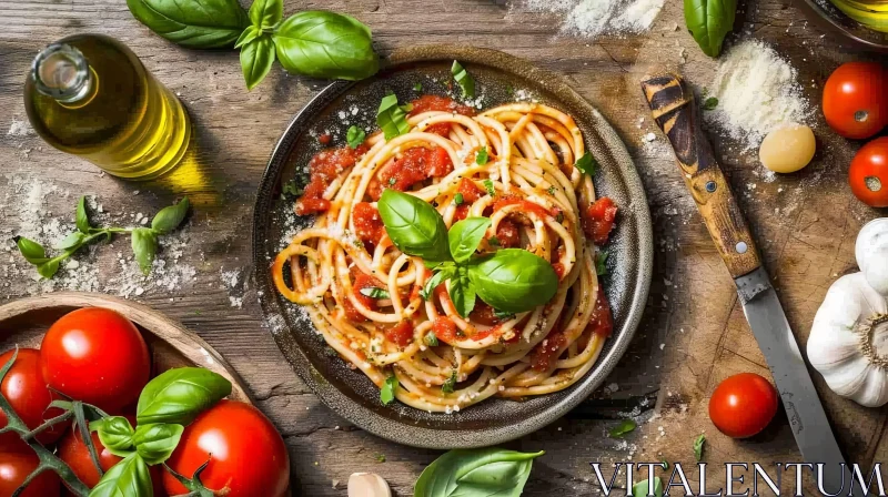AI ART Delicious Spaghetti Pasta with Tomato Sauce and Basil on a Wooden Table