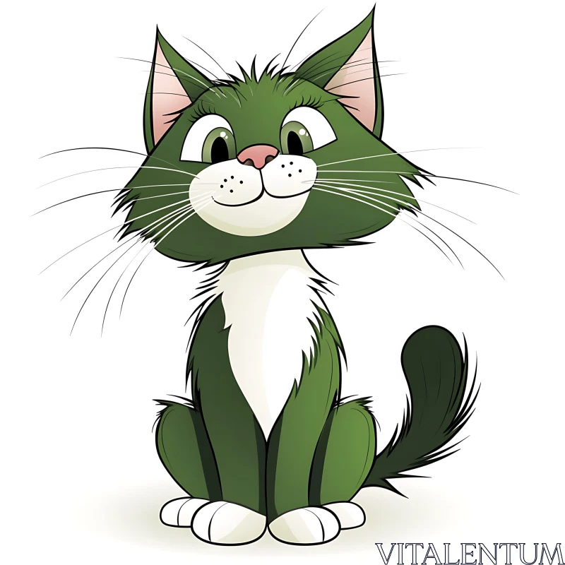 Whimsical Green Cat Cartoon Art AI Image