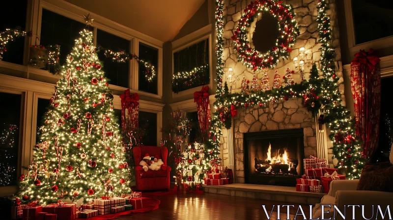 Festively Decorated Living Room for Christmas AI Image