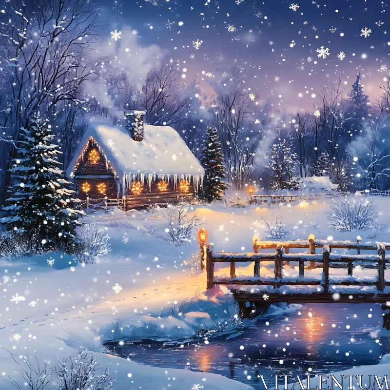 Cozy Cabin in Snowy Winter Landscape with Glowing Lights AI Image