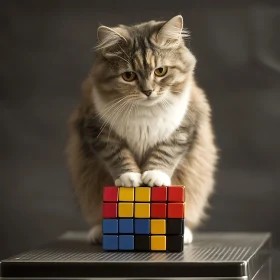 Cat and Colorful Puzzle Cube