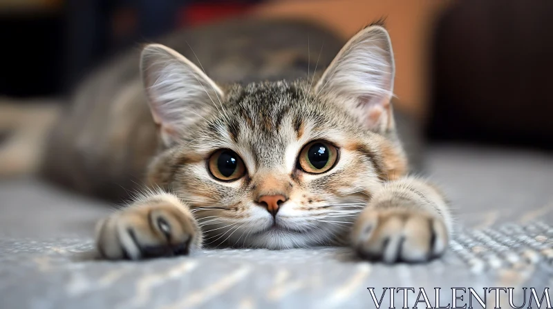 Cute Tabby Kitten Lying Down with Paws Stretched AI Image