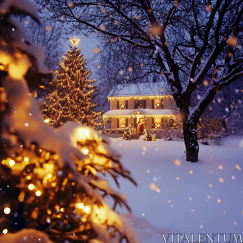 Snow-Covered Home with Christmas Illumination AI Image