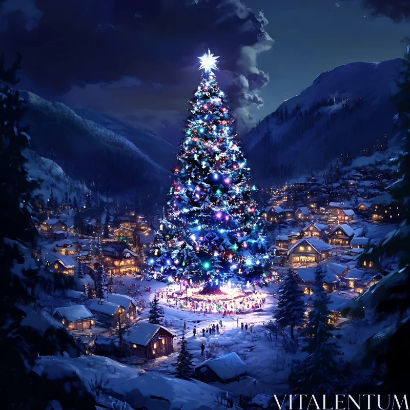 Magical Christmas Celebrations in a Snowy Village AI Image