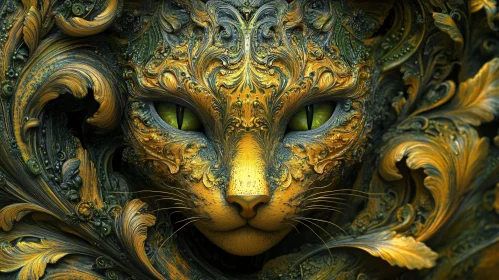 Decorative Feline with Golden and Dark Swirls