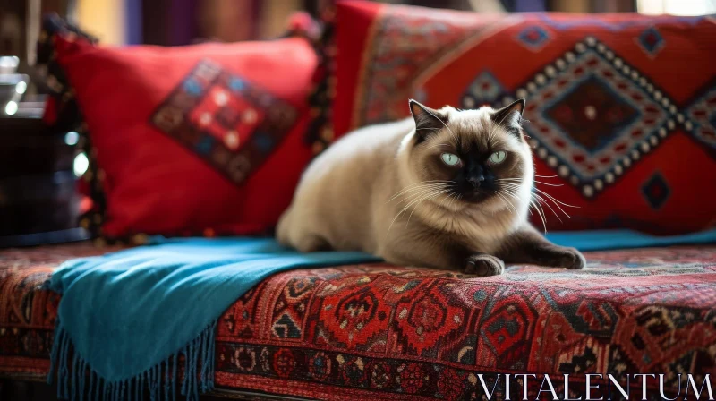 Elegant Siamese Cat on Red Oriental Carpet AI Image
