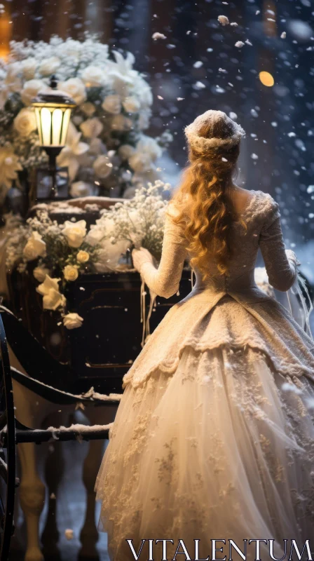 Enchanting Cinderella Journey in Snow - Atmospheric Lighting and Floral Motifs AI Image