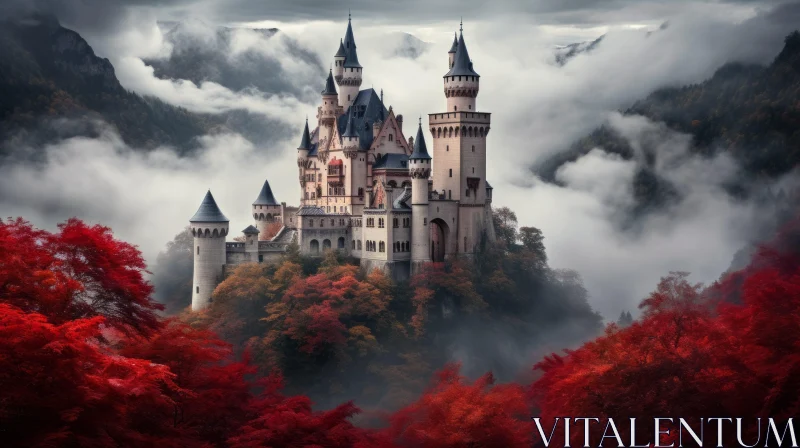 Enchanting Fairy Tale Castle Amidst a Red Leaf Forest AI Image