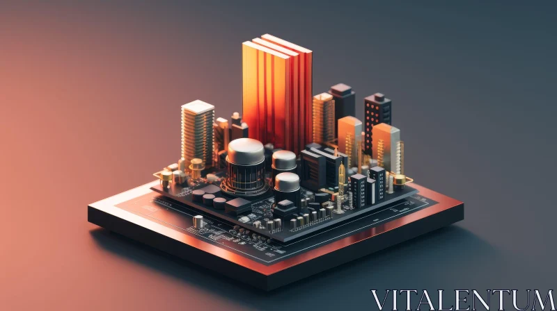 Futuristic Cityscape on Computer Motherboard - 3D Illustration AI Image