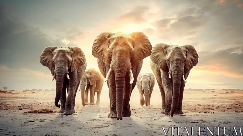 Majestic African Elephants Walking Across Cracked Earth AI Image