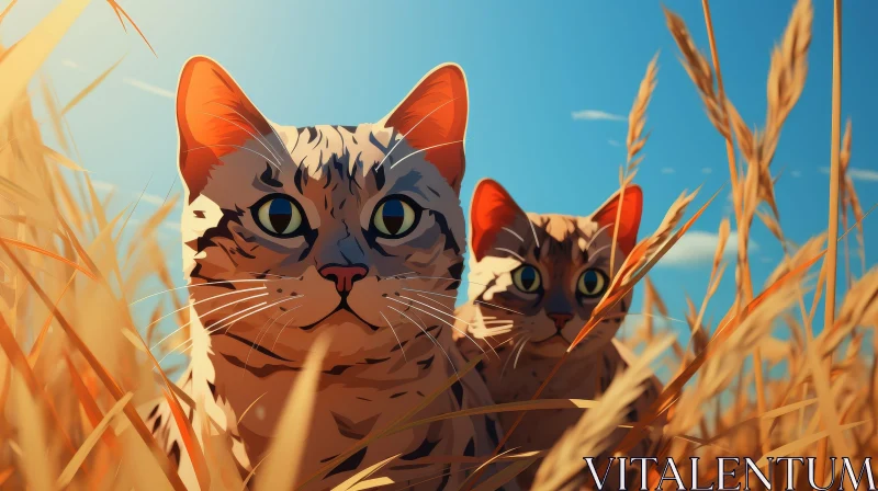 Majestic Cats in Grass under Blue Sky AI Image