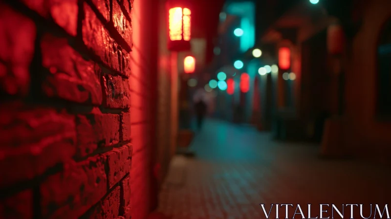 Mysterious Alleyway with Red Brick Wall and Lanterns AI Image