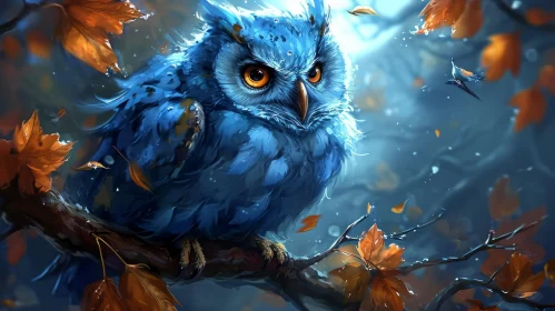 Mystical Owl Digital Painting: Blue Feathers, Full Moon, Night Sky