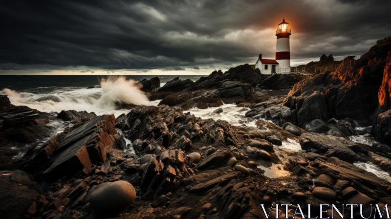 Norwegian Lighthouse Amidst a Stormy Dusk AI Image