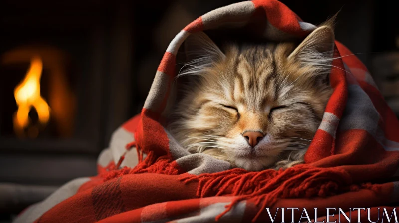 Sleeping Ginger Cat Under Red and Gray Blanket AI Image