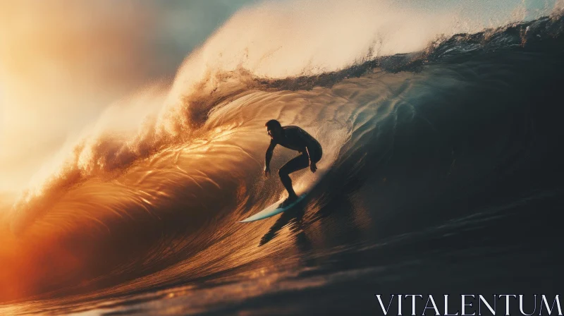 Surfer Riding a Wave at Sunset - Captivating Image AI Image