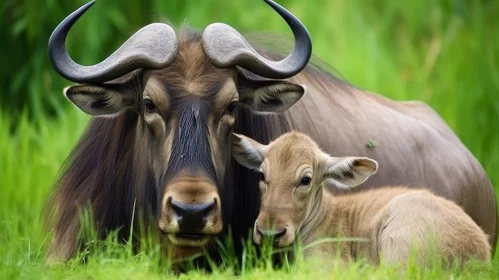 Wildebeest and Calf in African Grassland
