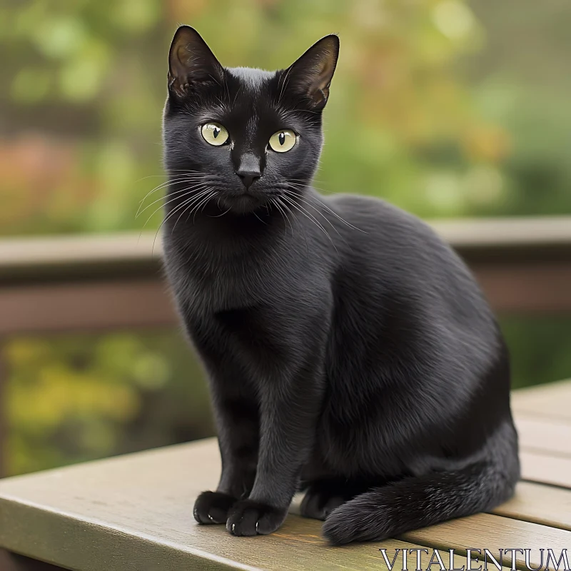 Majestic Black Feline on Wooden Surface AI Image