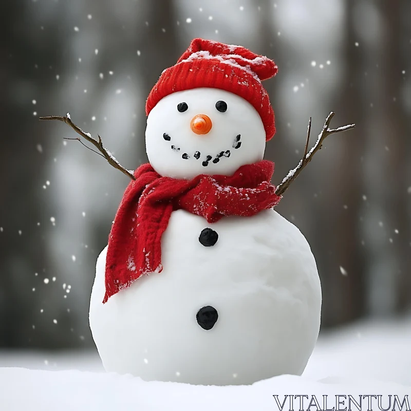 Snowman in Red Scarf and Hat in Winter Wonderland AI Image