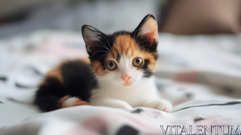 Cute Calico Kitten Resting on Bed AI Image