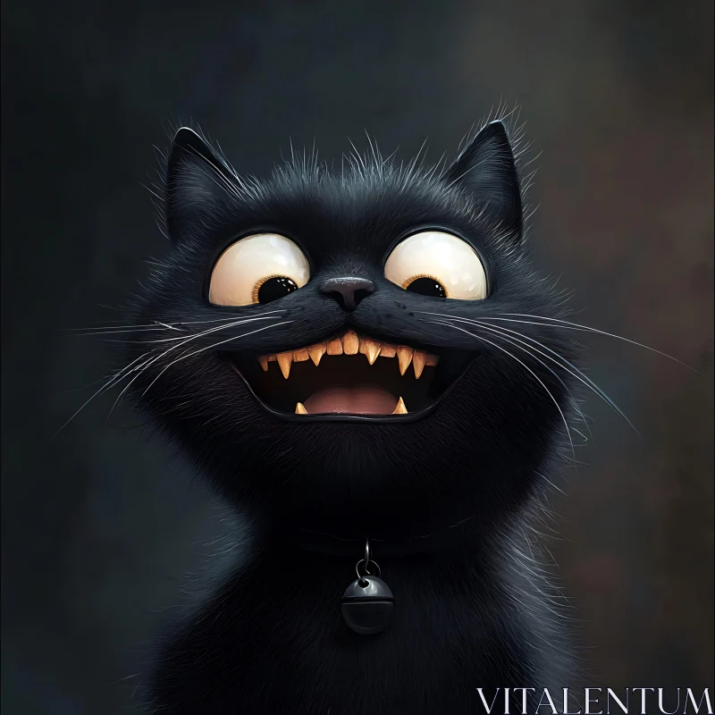 Expressive Cartoon Black Cat with Sharp Teeth AI Image