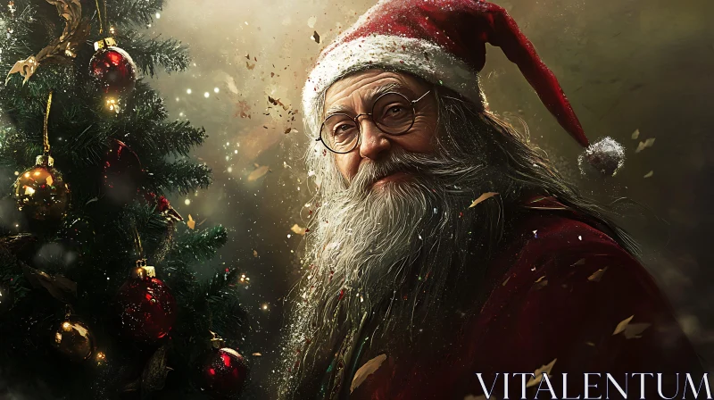 Santa Claus with Glasses by Festive Christmas Tree AI Image