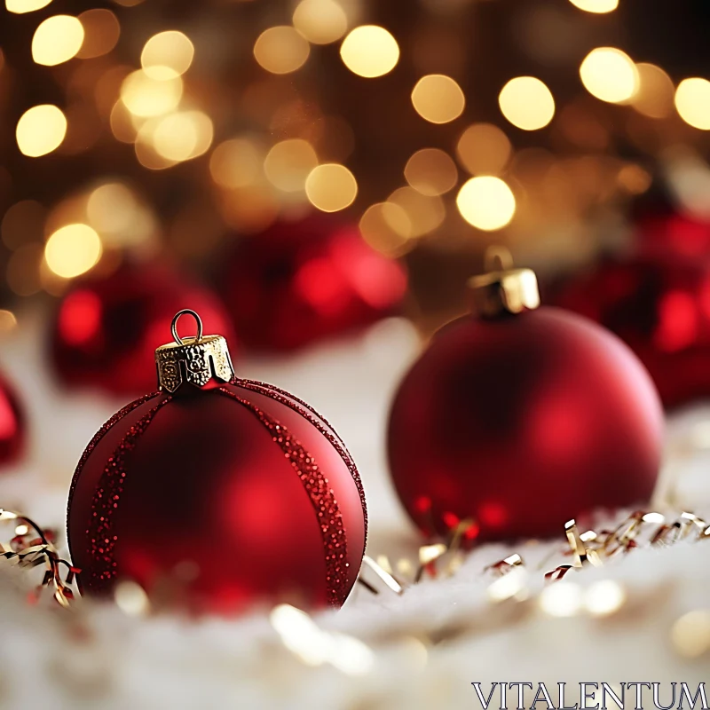 Festive Holiday Red Ornaments with Blurred Golden Lights AI Image