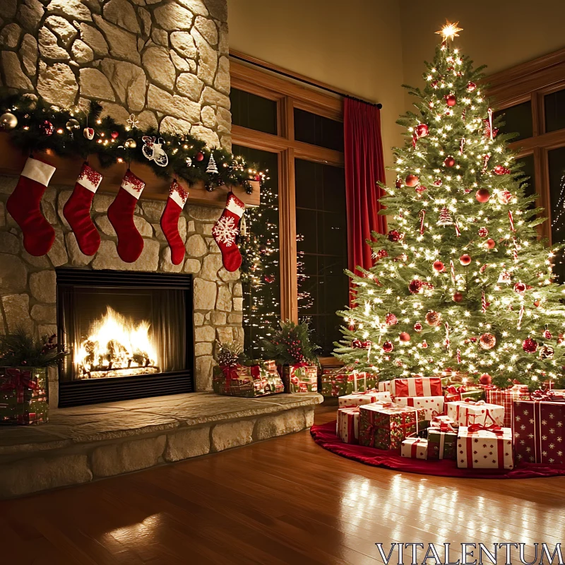 Holiday Decorated Living Room with Christmas Tree and Fireplace AI Image