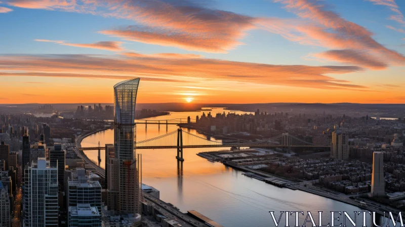 AI ART Captivating Cityscape at Sunrise with Tall Buildings on River