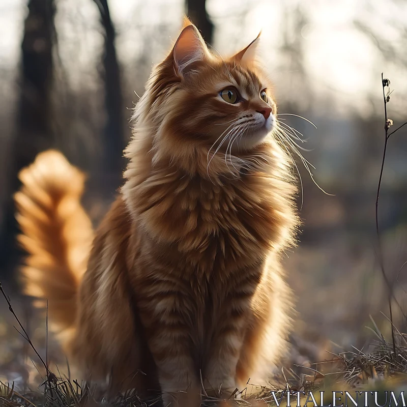 Ginger Cat in Sunlit Forest Scene AI Image