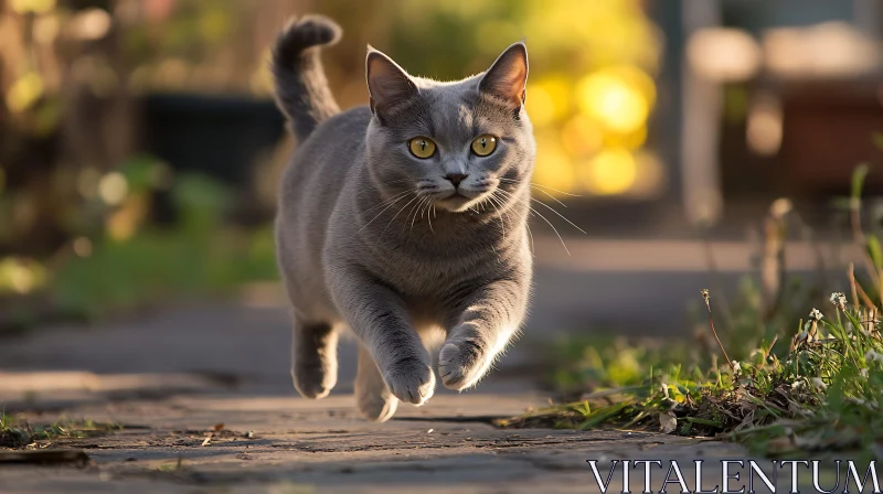 Running Grey Cat in Sunlight AI Image