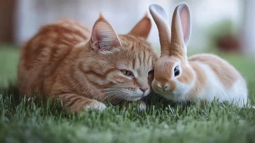 Cute Cat and Rabbit Bonding on Green Grass